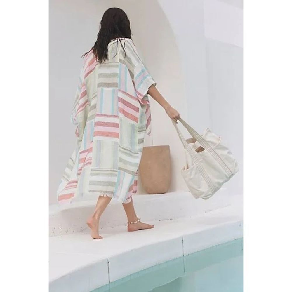 Free people sail away linen striped patchwork kimbo cardigan coverup OS new